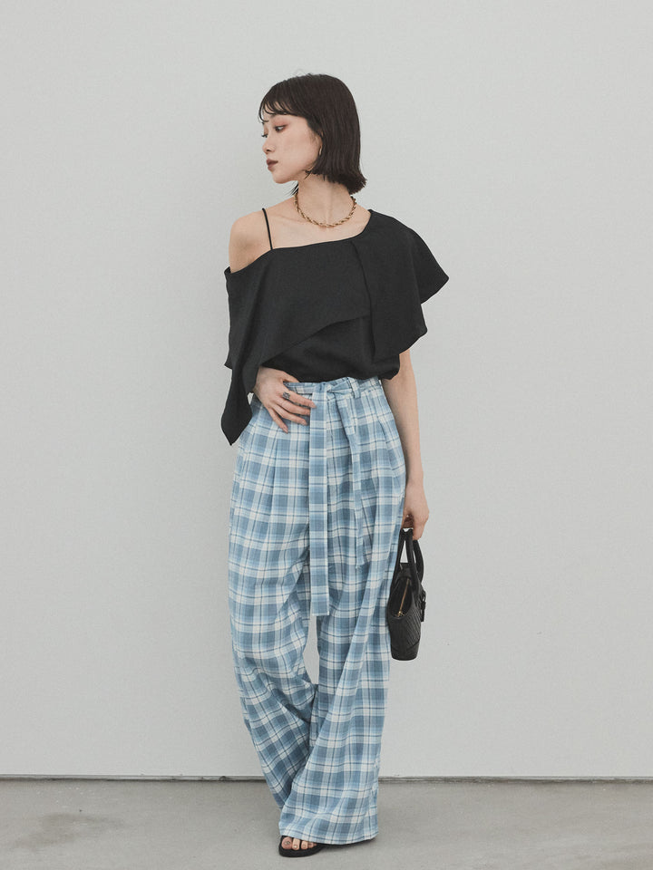 [予約]チェック柄ワイドパンツ/ブルー