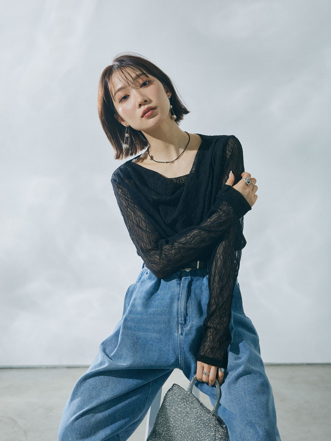 【Allure】[SET]ストレッチレースドレープトップス+ストレッチレースドレープトップス(2set)