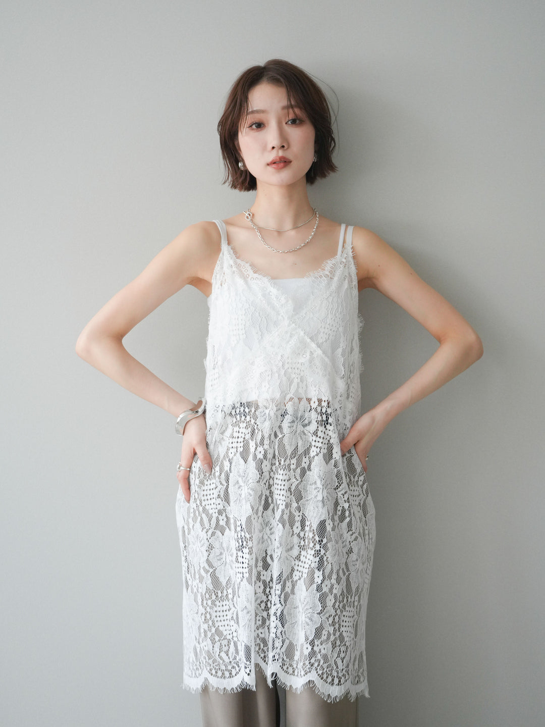 [SET]総レースチュニックキャミソール+ベルト付キーホルダーモチーフワイドパンツ(2set)