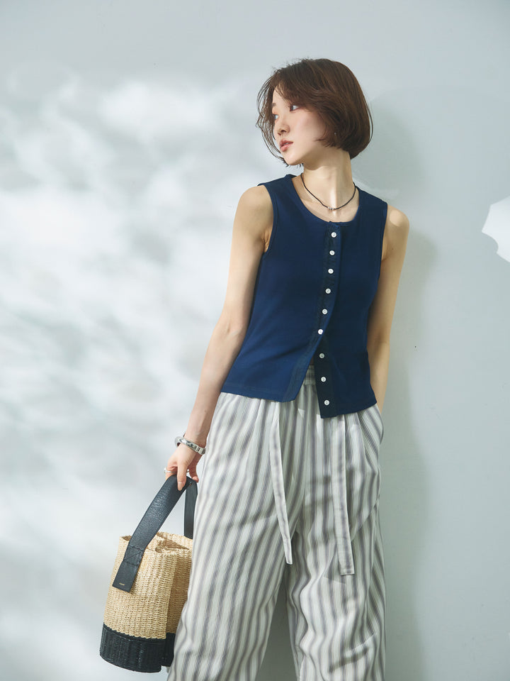 [予約]フロントボタンテレコリブタンクトップ/navy