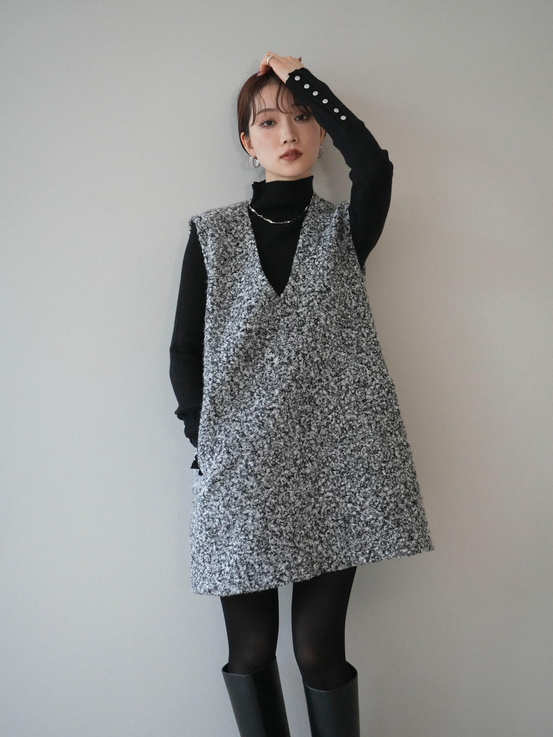 [予約]ミックスループヤーンニットミニワンピース/gray