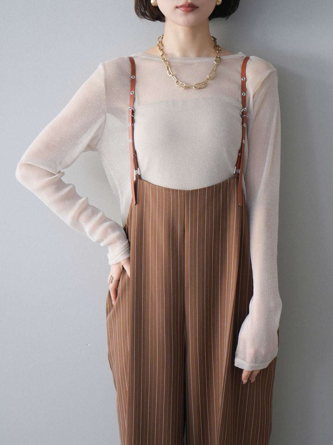 [予約]ヘリンボーンストライプサス付サロペット/goldbrown