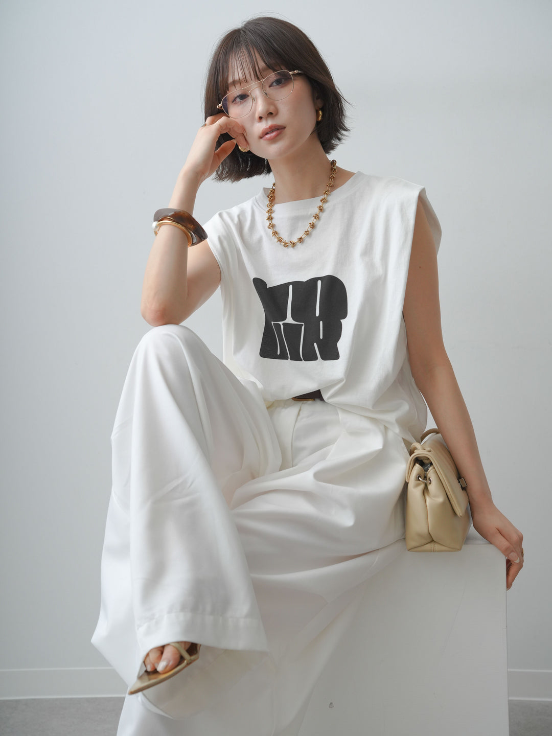 [SET]ワイドネックプリントTEE+ショルダータックノースリーブオーバーTEE(2set)