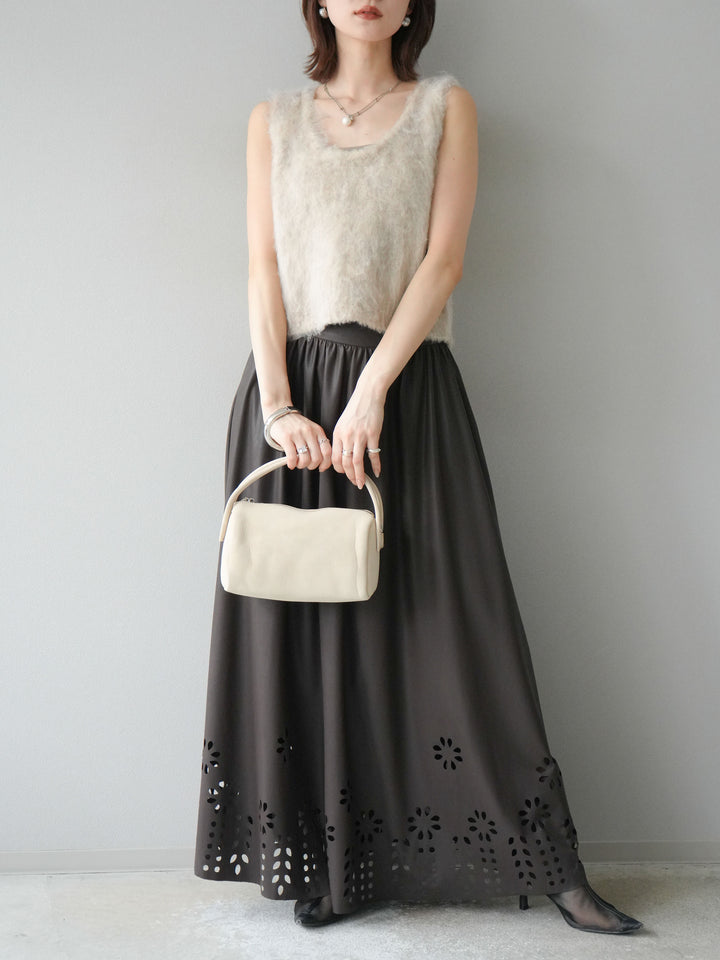 [予約]フラワーパンチングレザースカート/ブラウン