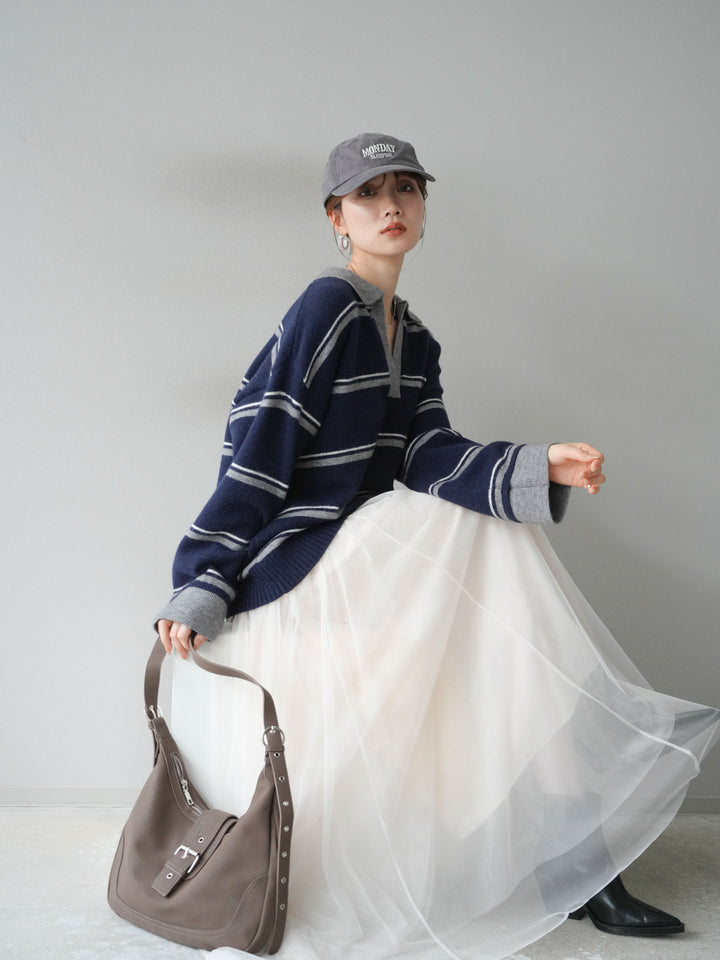 [SET]ポロ襟スキッパーボーダーニットプルオーバー+チュールボリュームスカート(2set)
