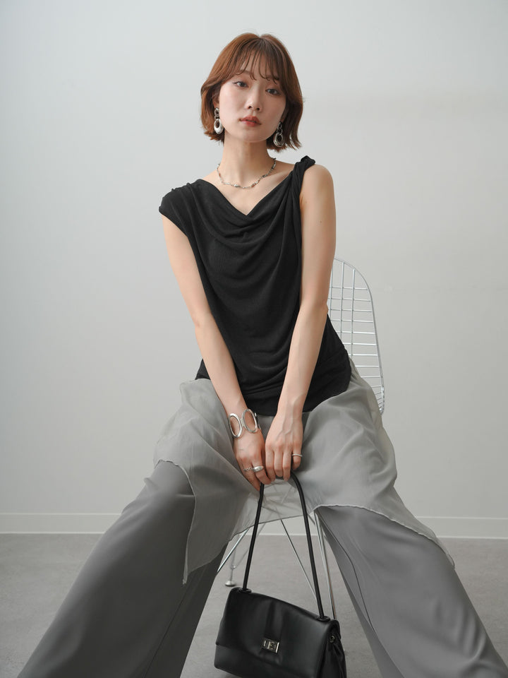 [予約]ツイストショルダーアシメドレープトップス/black