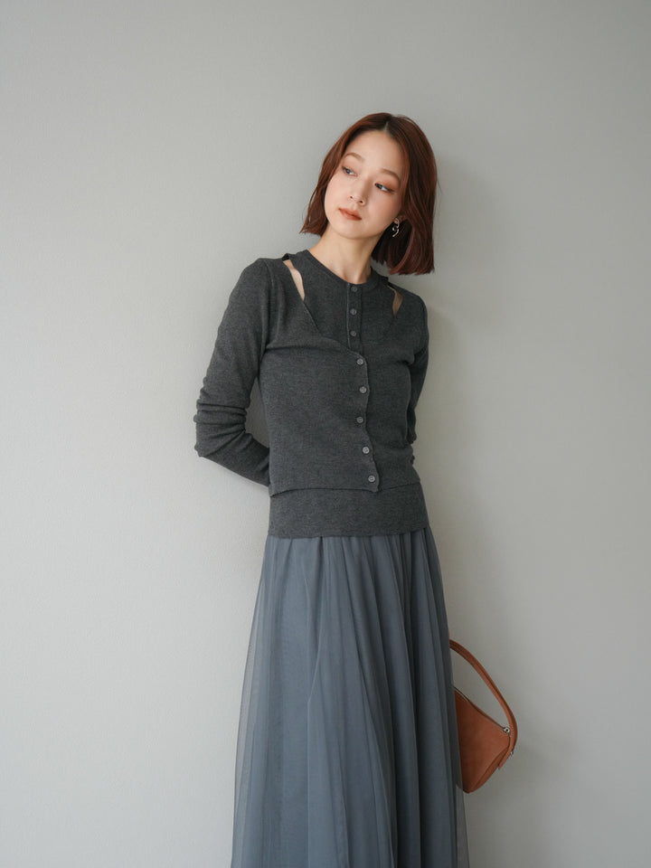 [予約]レイヤードデザインニットカーディガン/チャコール