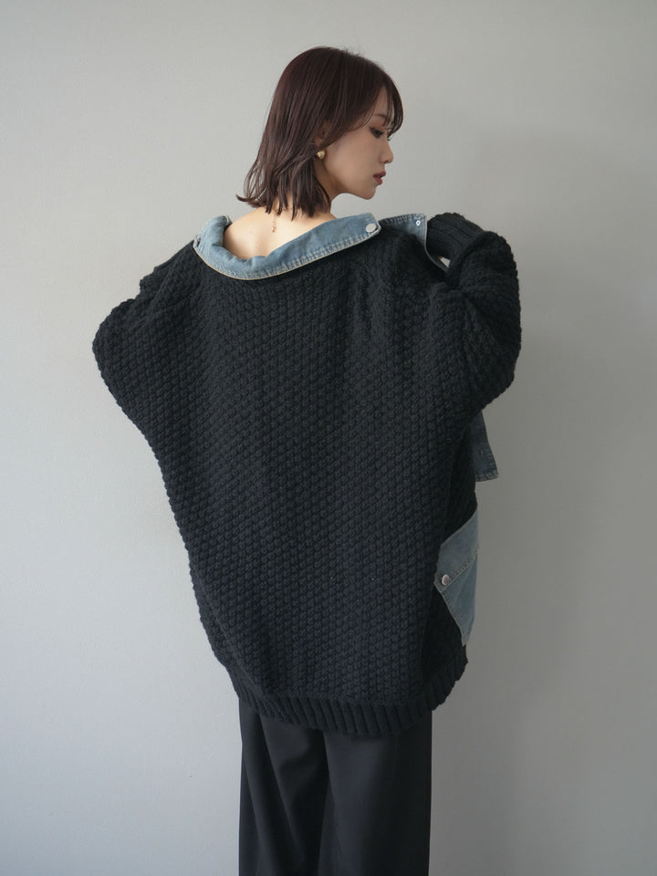 [予約]デニム襟レイヤードニットジャケット/black
