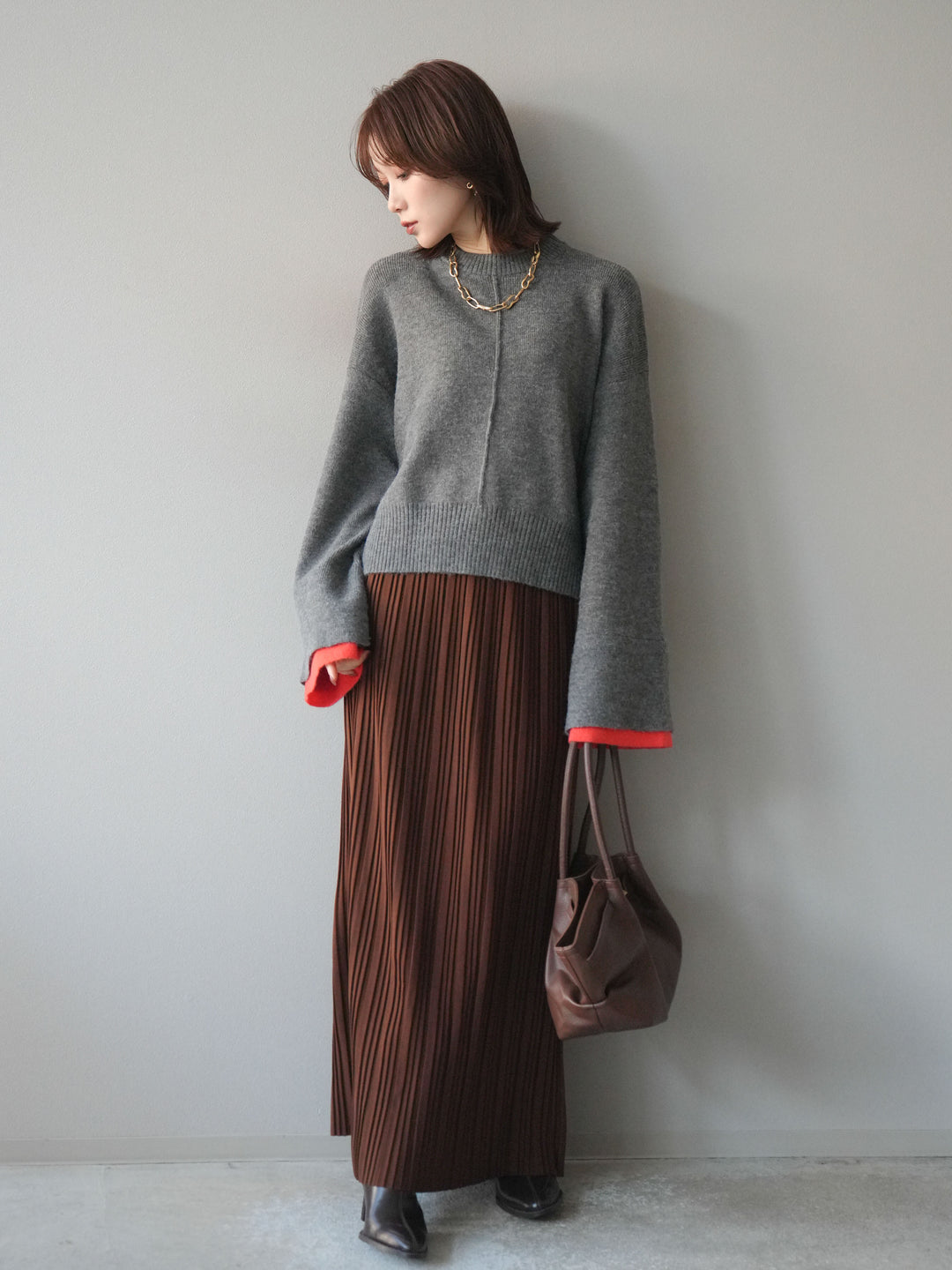 [SET]袖レイヤード配色ニットプルオーバー+プリーツIラインスカート(2set)