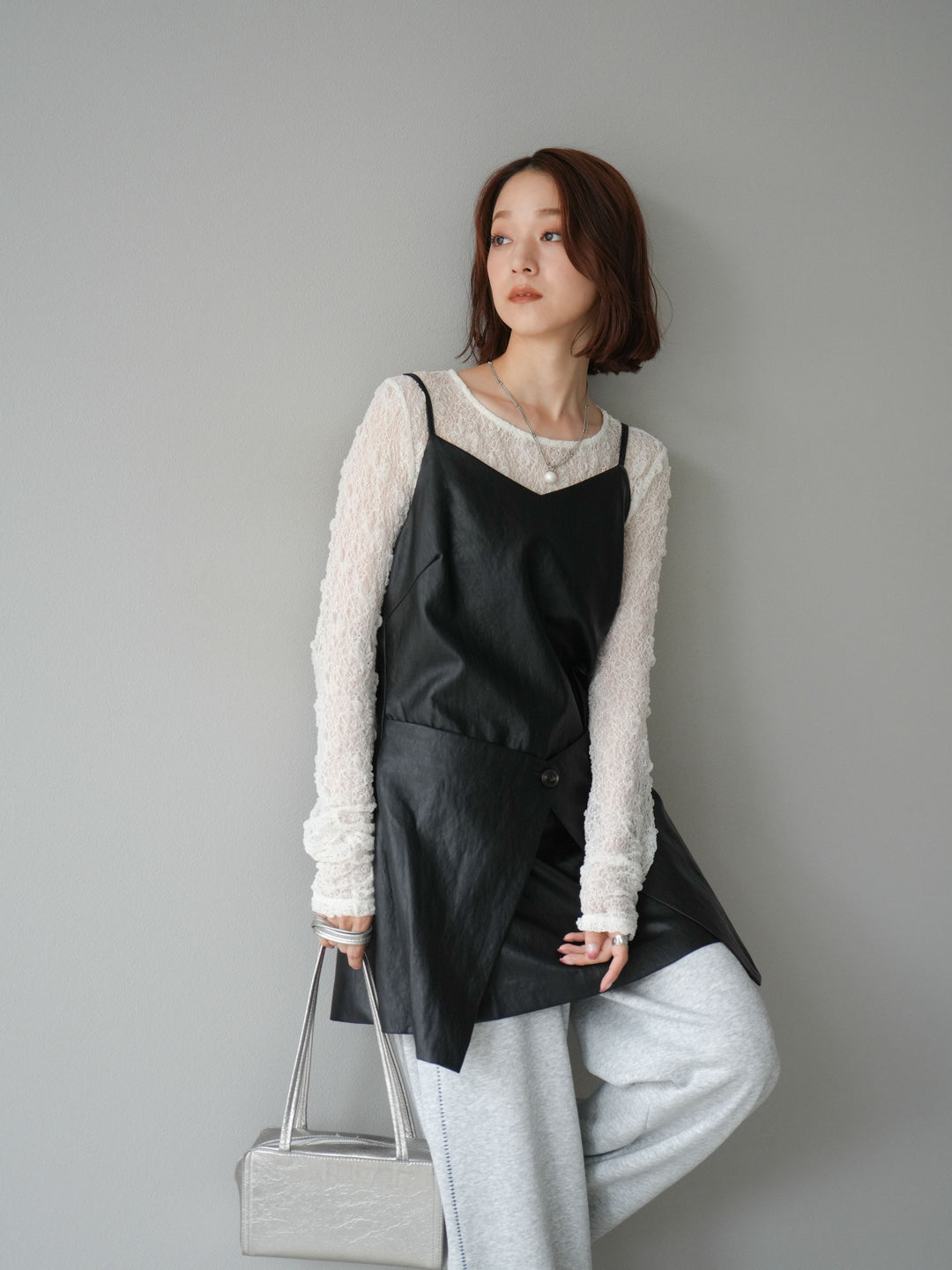 [予約]レイヤードレザーキャミソールチュニック/ブラック