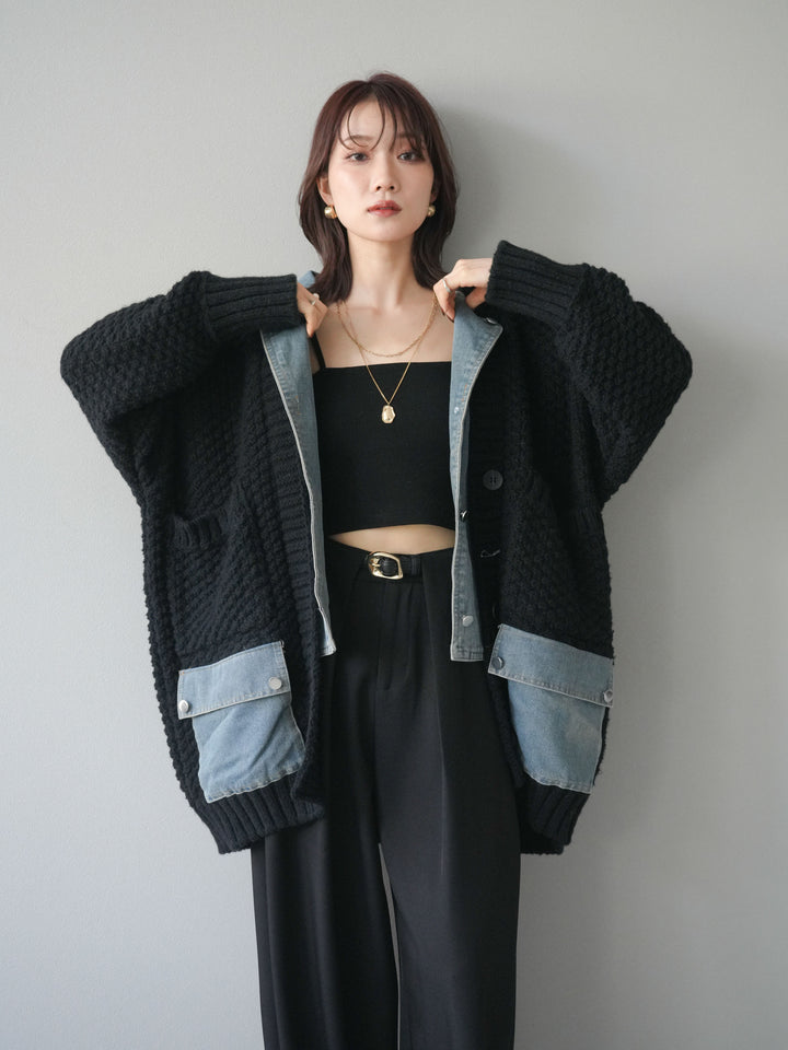 [予約]デニム襟レイヤードニットジャケット/black
