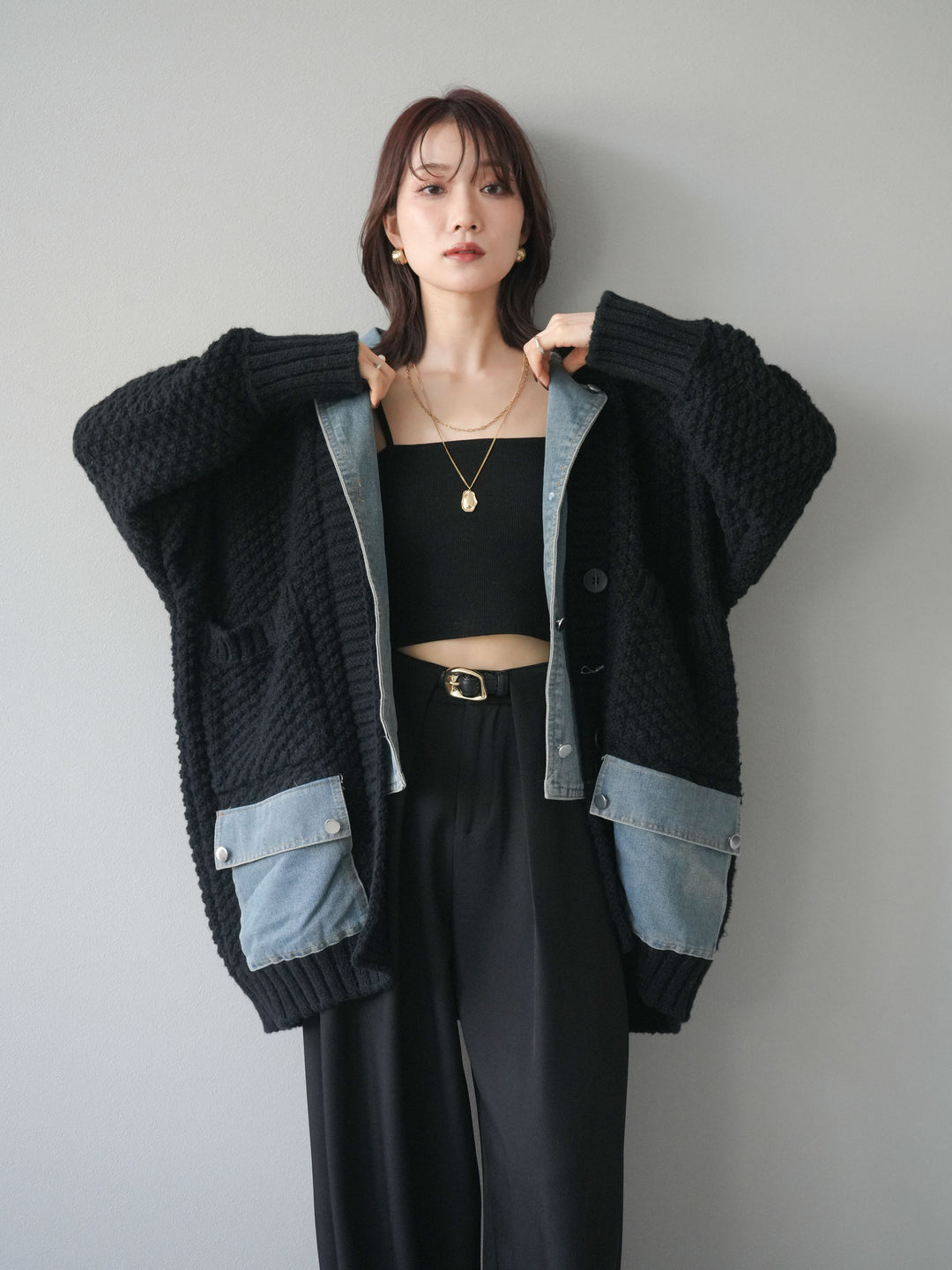 [SET]デニム襟レイヤードニットジャケット+ベルトループデザインワイドパンツ(2set)