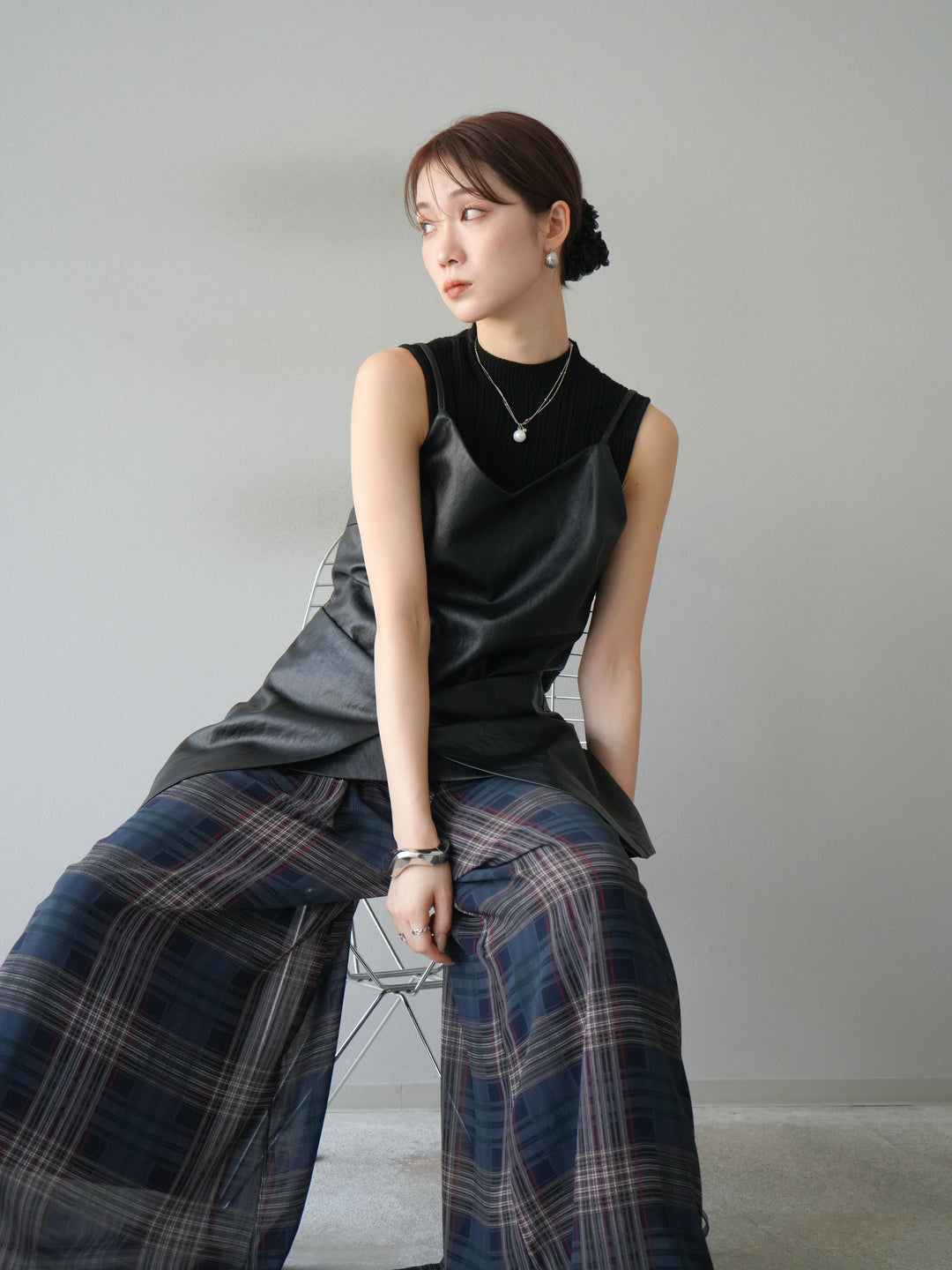 [予約]レイヤードレザーキャミソールチュニック/ブラック