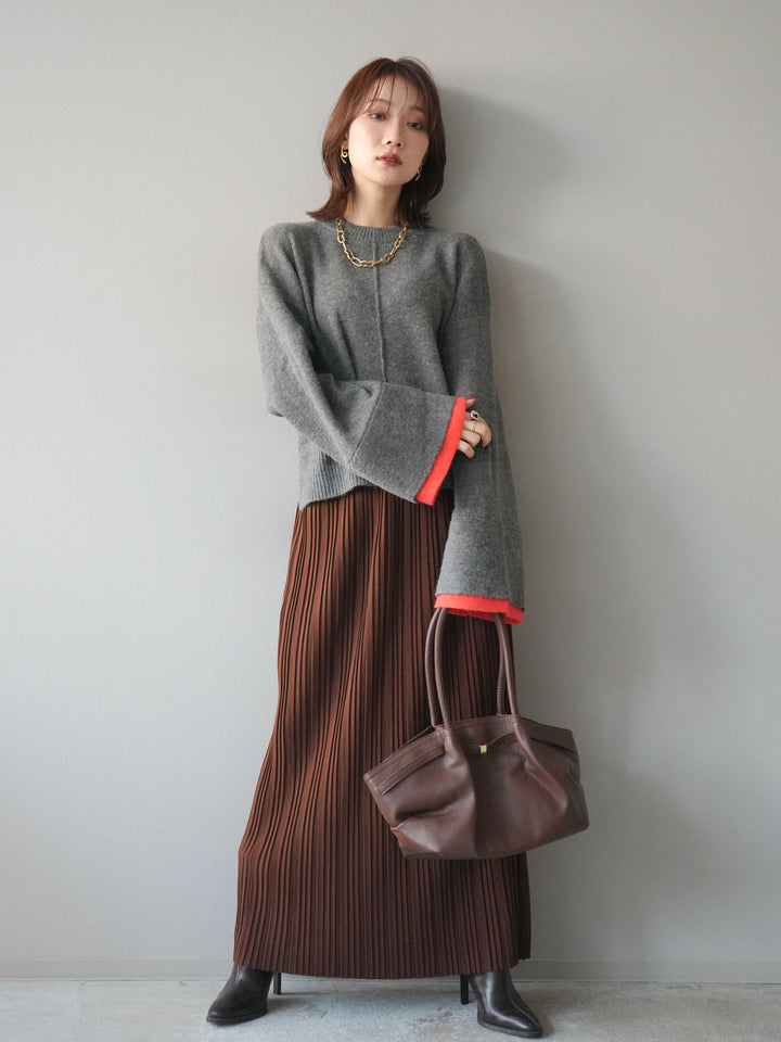 [SET]袖レイヤード配色ニットプルオーバー+プリーツIラインスカート(2set)