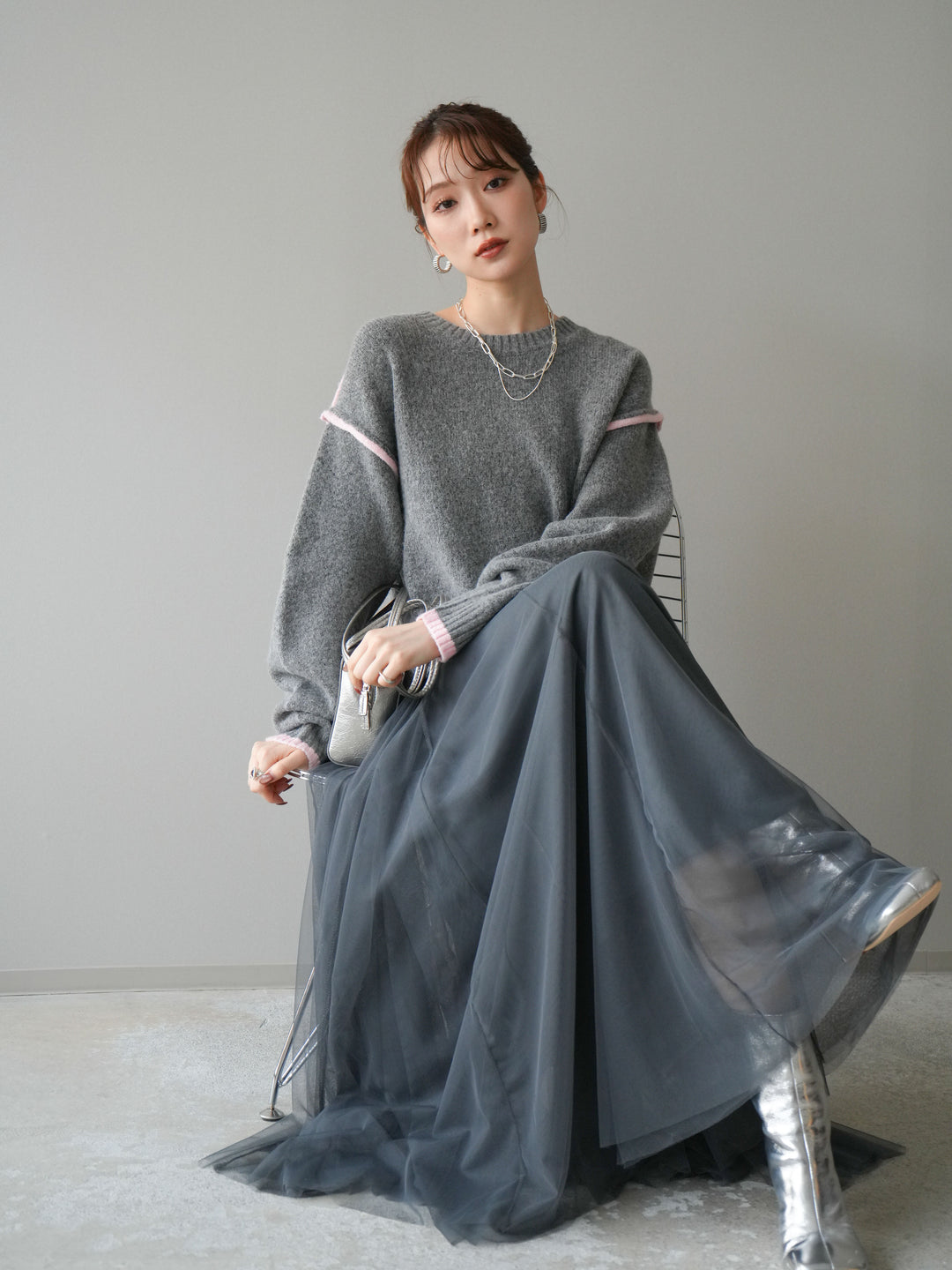 [予約]バイカラーパイピングニットプルオーバー/gray