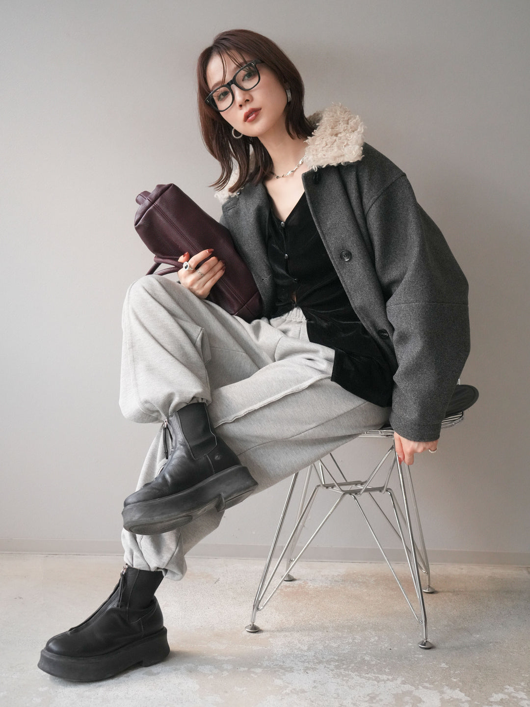 [予約]ロービングボアえりブルゾン/charcoal