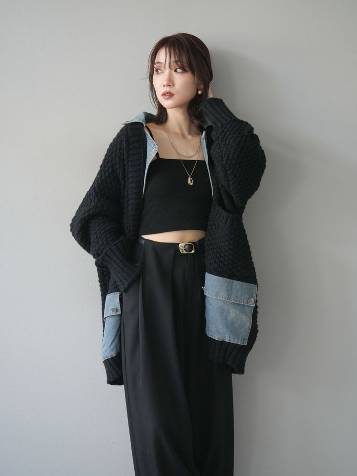 [SET]デニム襟レイヤードニットジャケット+デニム襟レイヤードニットジャケット(2set)