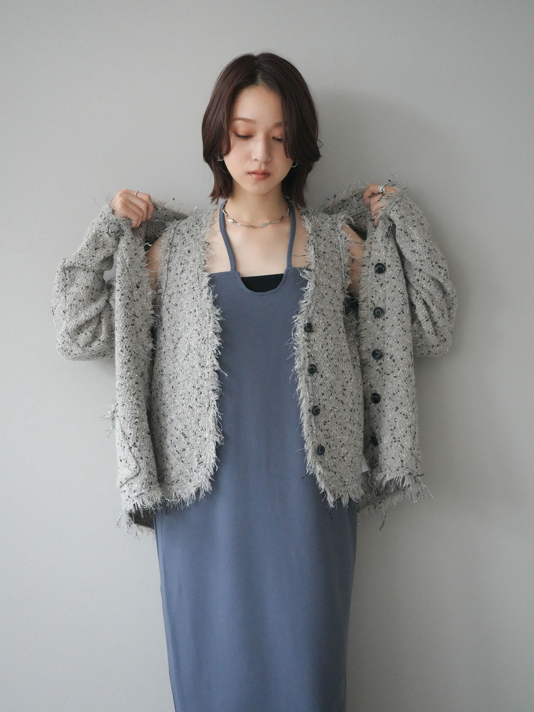 [予約]ネップフリンジニットカーディガン/khaki