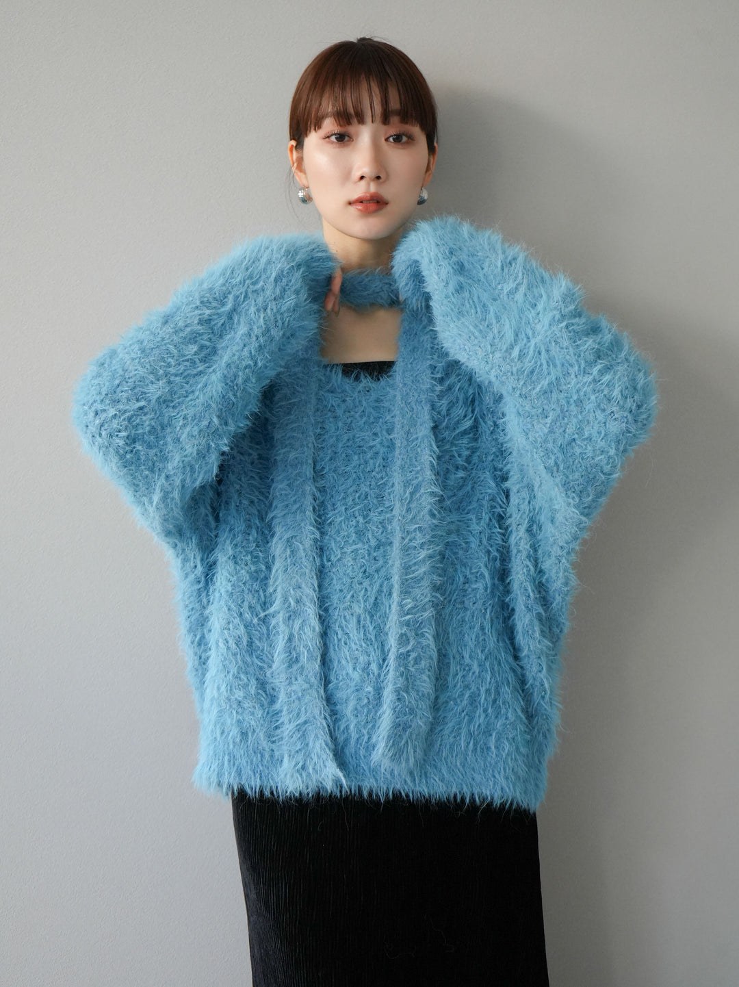 [預訂] 混紡毛絨針織披肩/藍色