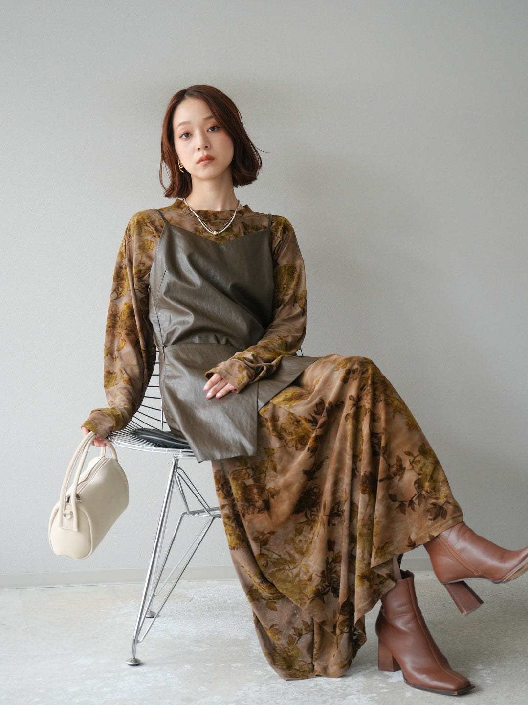 [予約]レイヤードレザーキャミソールチュニック/ブラウン