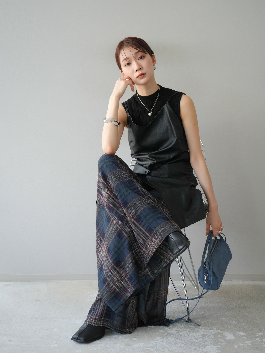 [予約]レイヤードレザーキャミソールチュニック/ブラック