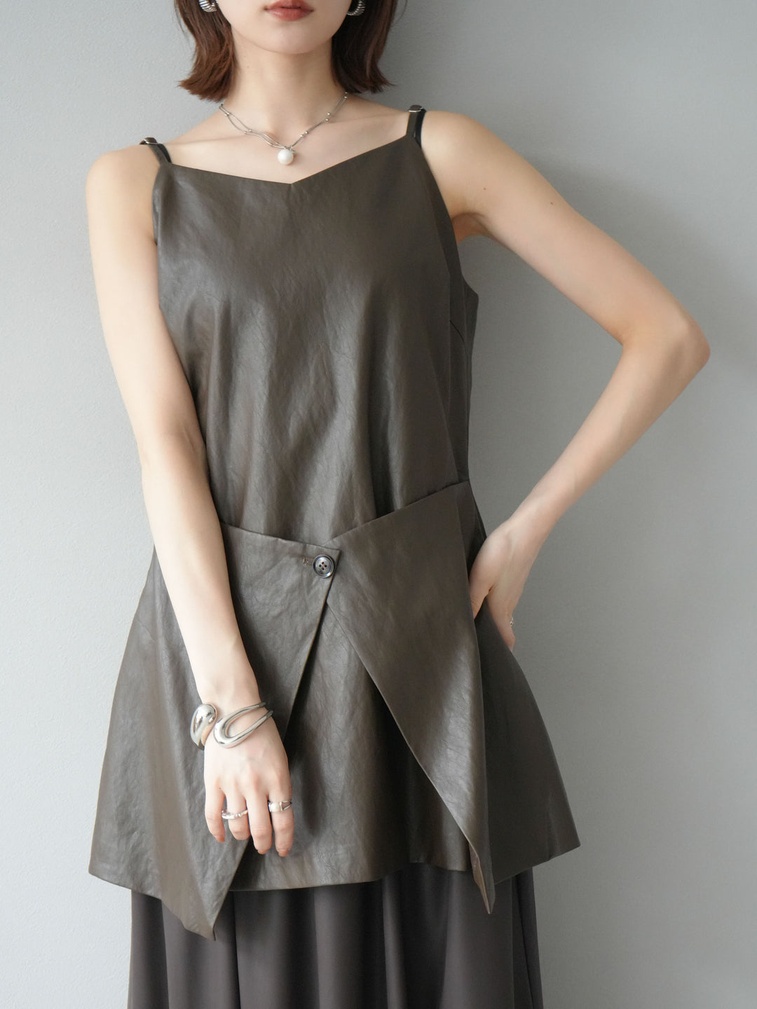 [予約]レイヤードレザーキャミソールチュニック/ブラウン