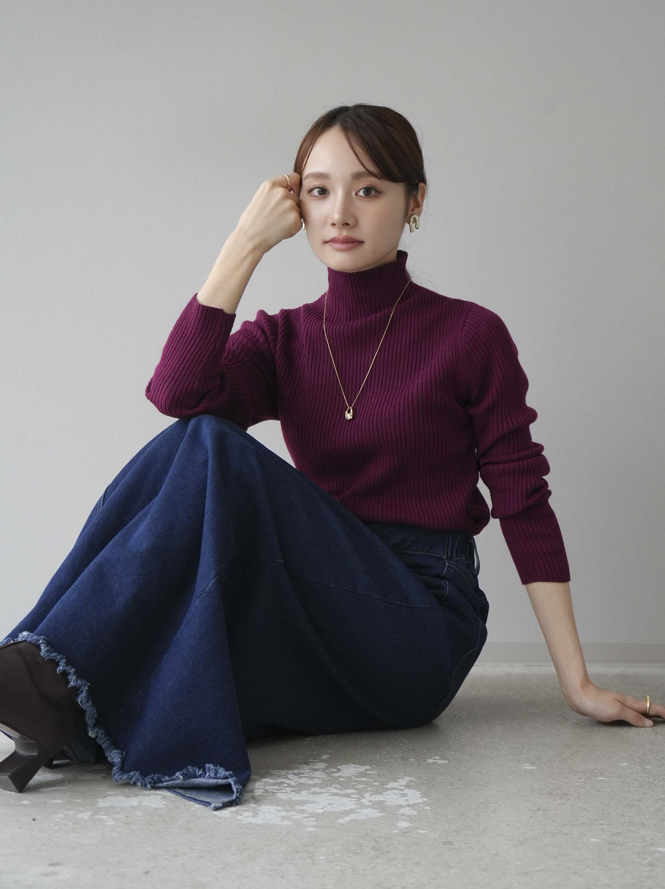 予約]オフネックリブニットトップス/ボルドー – Lumier