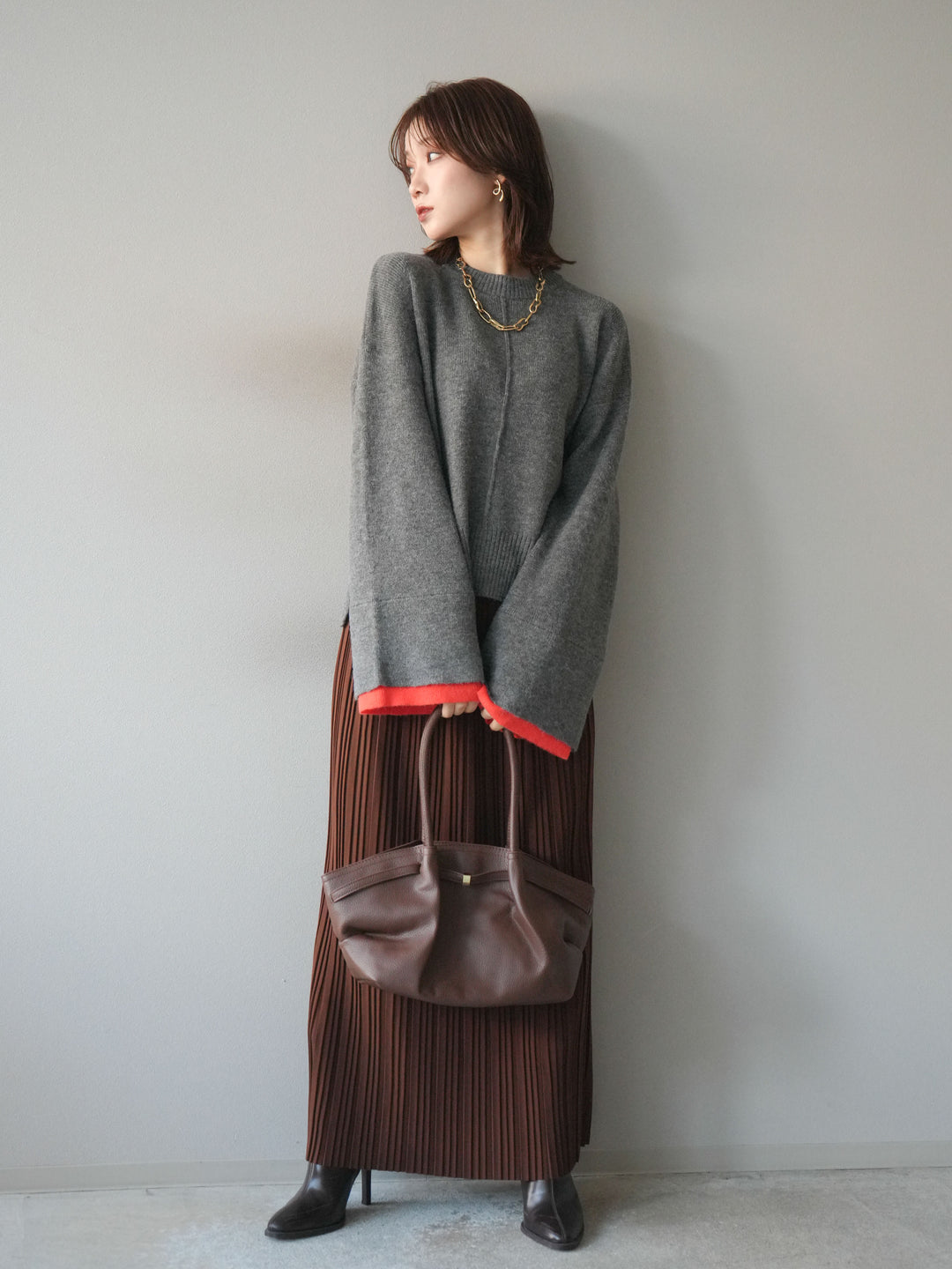 [SET]袖レイヤード配色ニットプルオーバー+プリーツIラインスカート(2set)