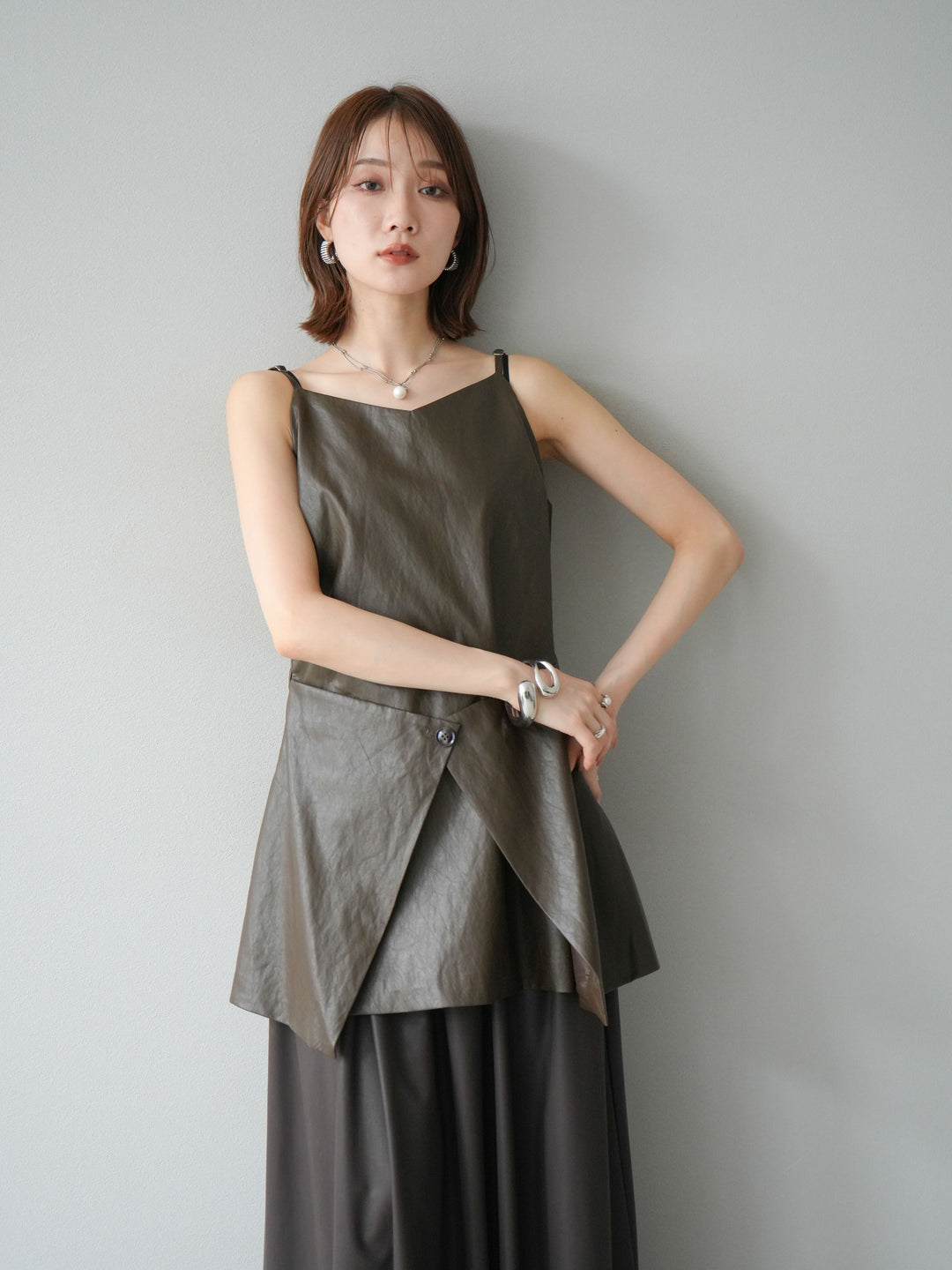 [予約]レイヤードレザーキャミソールチュニック/ブラウン