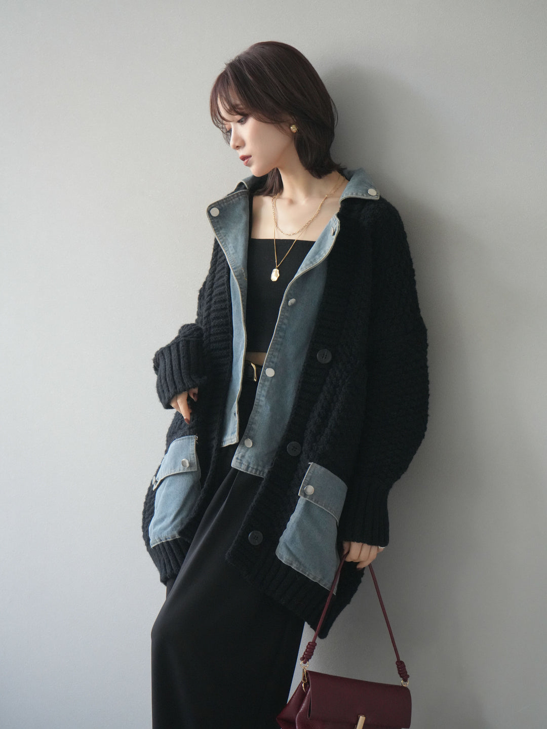 [予約]デニム襟レイヤードニットジャケット/black
