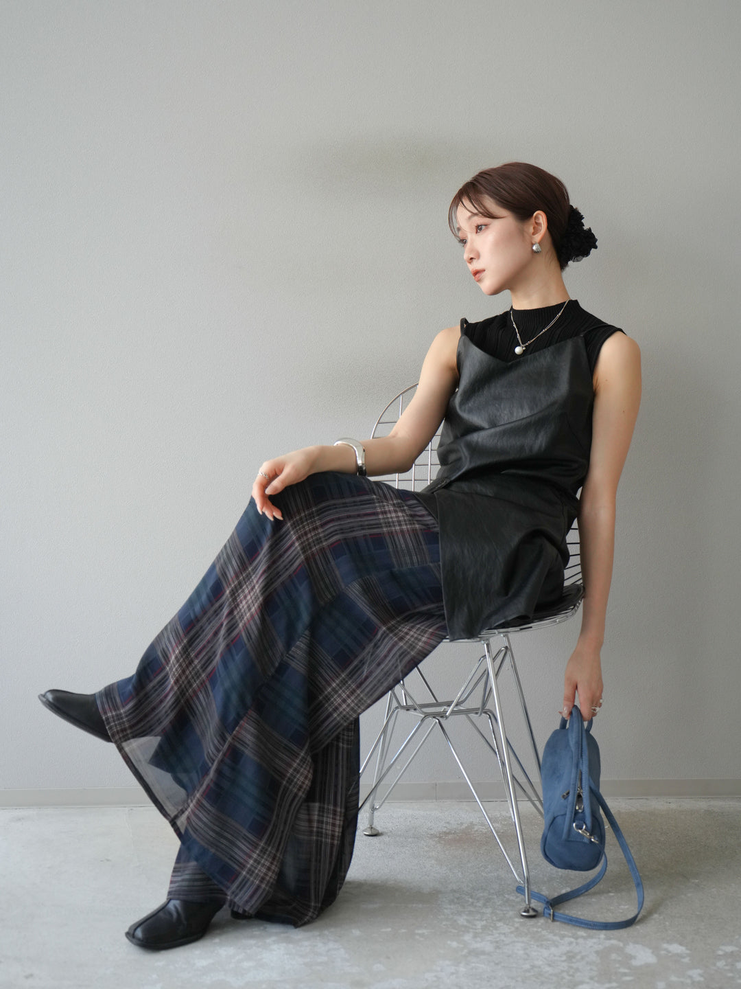 [予約]レイヤードレザーキャミソールチュニック/ブラック