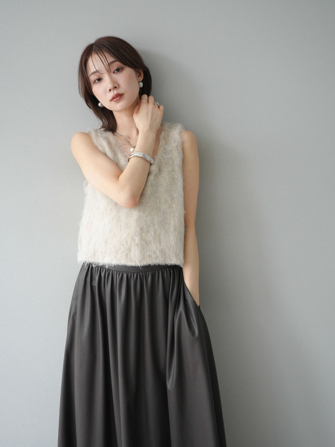 [予約]ミックスシャギーUネックベスト/エクリュ