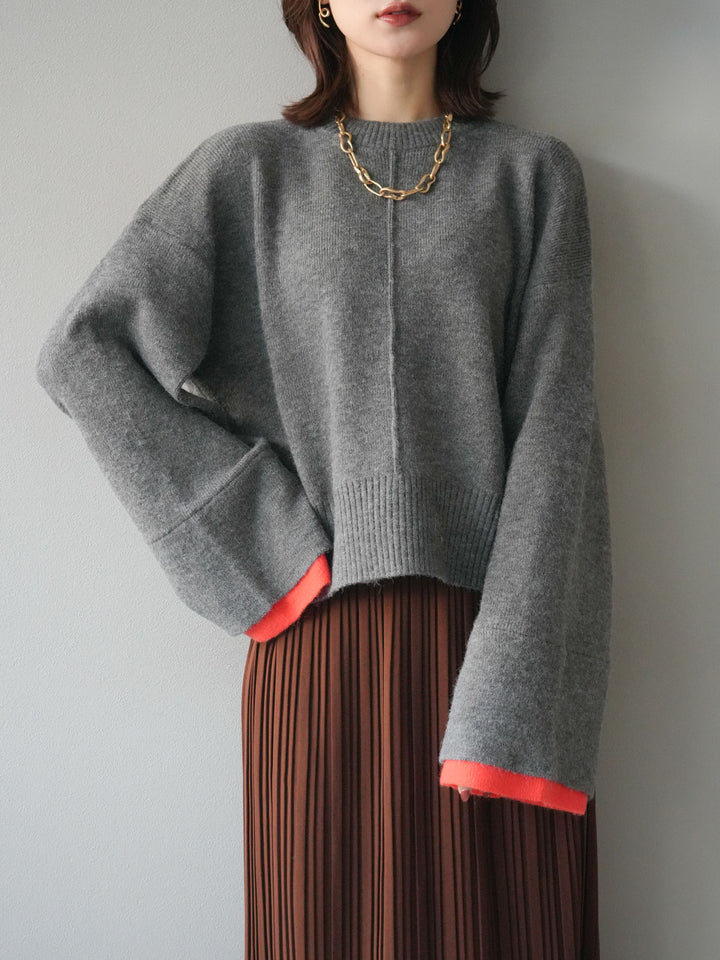 [SET]袖レイヤード配色ニットプルオーバー+プリーツIラインスカート(2set)