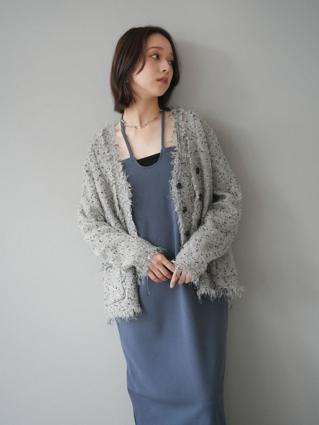 [予約]ネップフリンジニットカーディガン/khaki