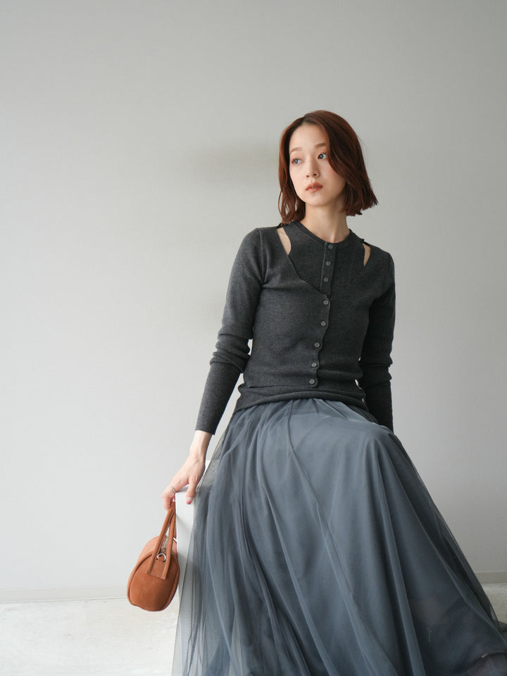 [予約]レイヤードデザインニットカーディガン/チャコール