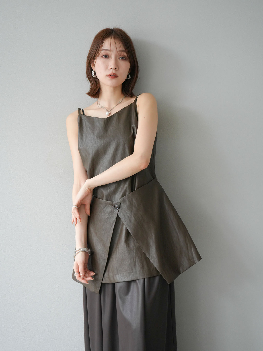 [予約]レイヤードレザーキャミソールチュニック/ブラウン