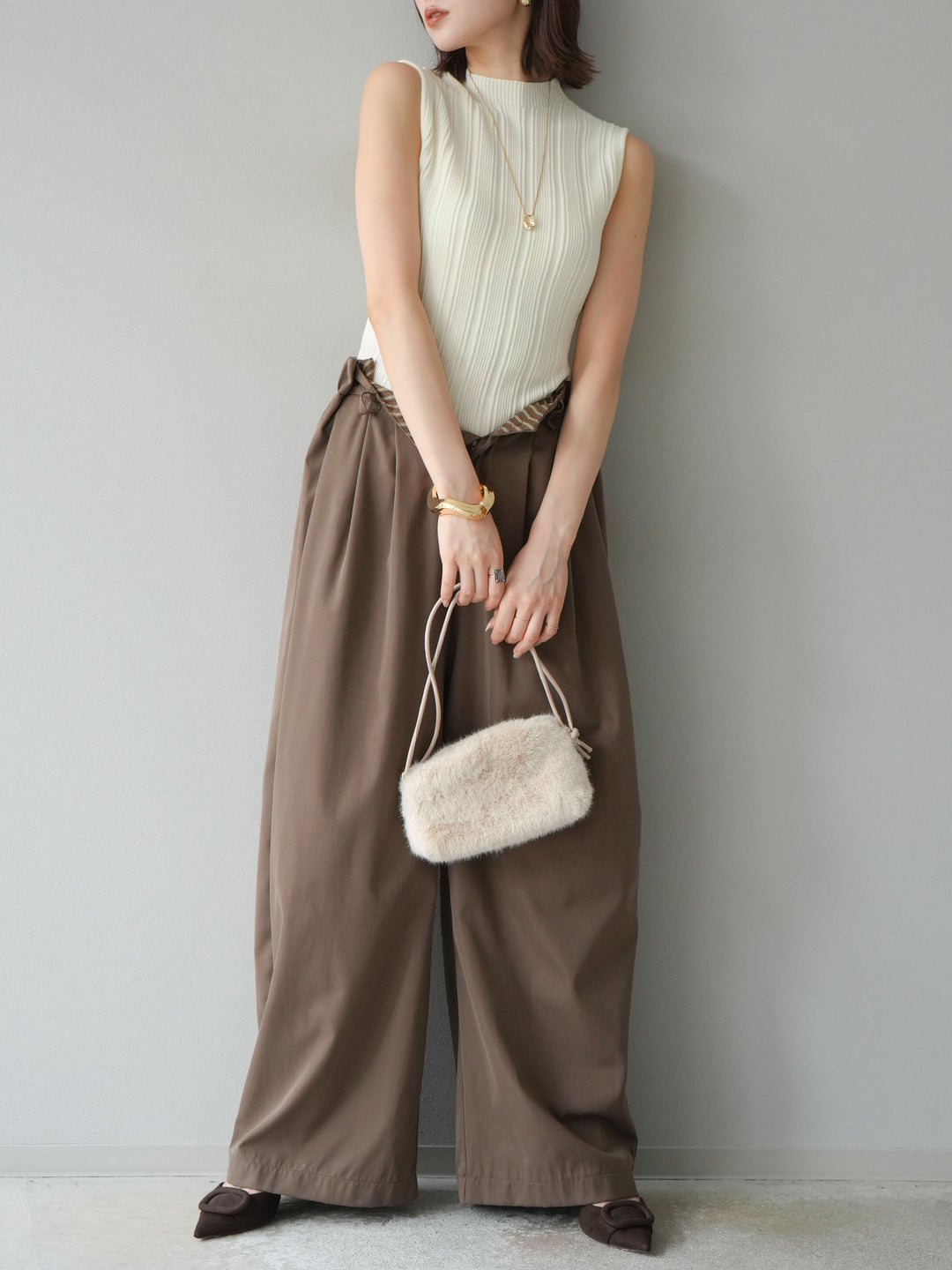 [予約]スリーブレスランダムリブニットトップス/アイボリー