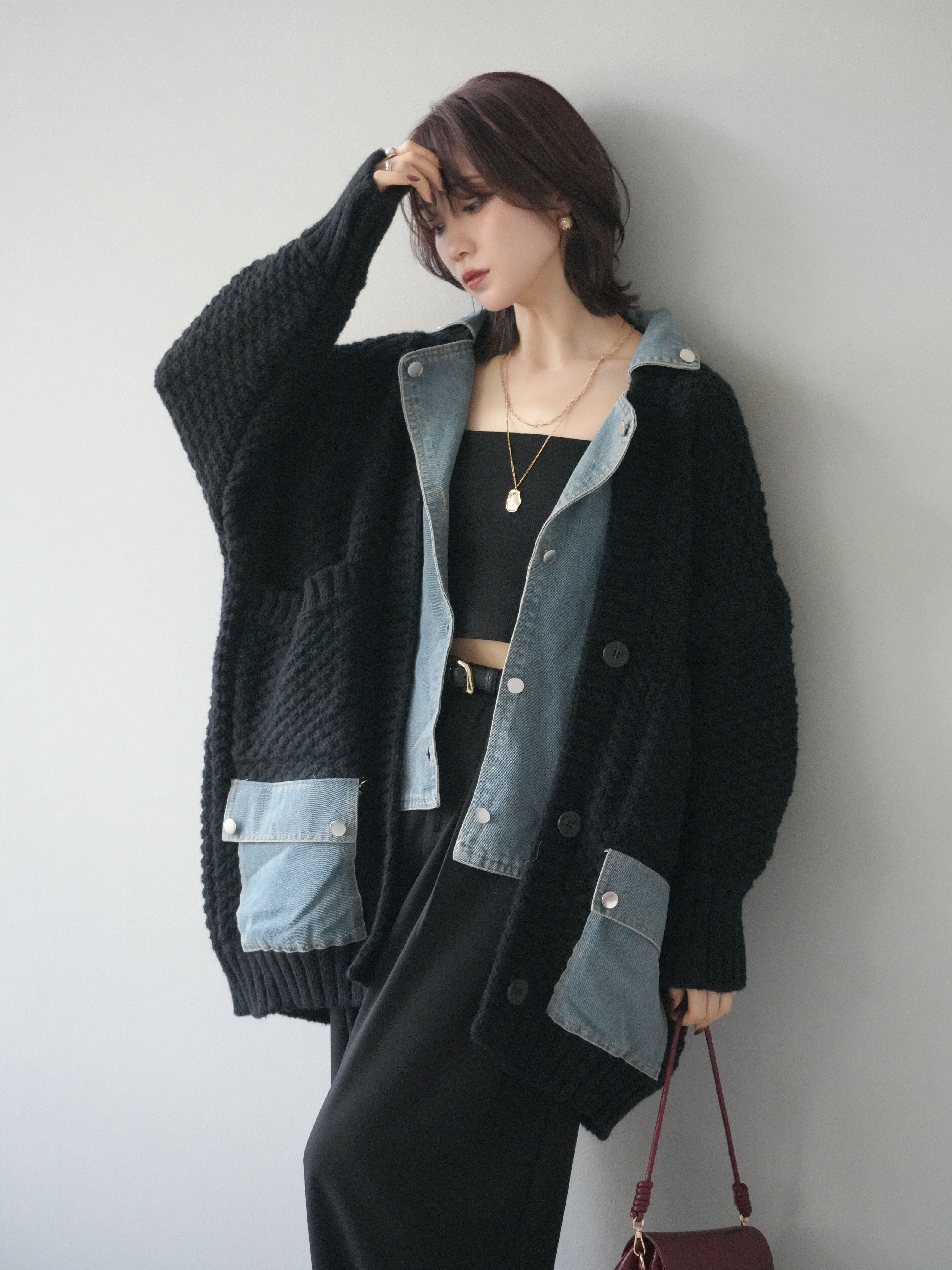 予約]デニム襟レイヤードニットジャケット/black – Lumier