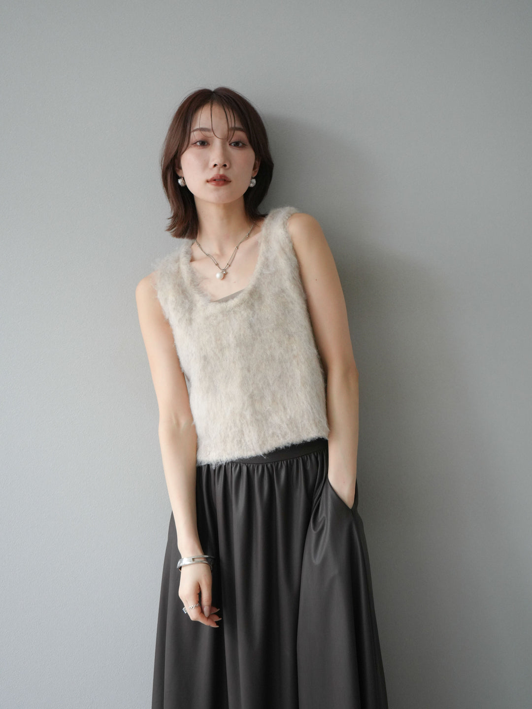 [予約]ミックスシャギーUネックベスト/エクリュ