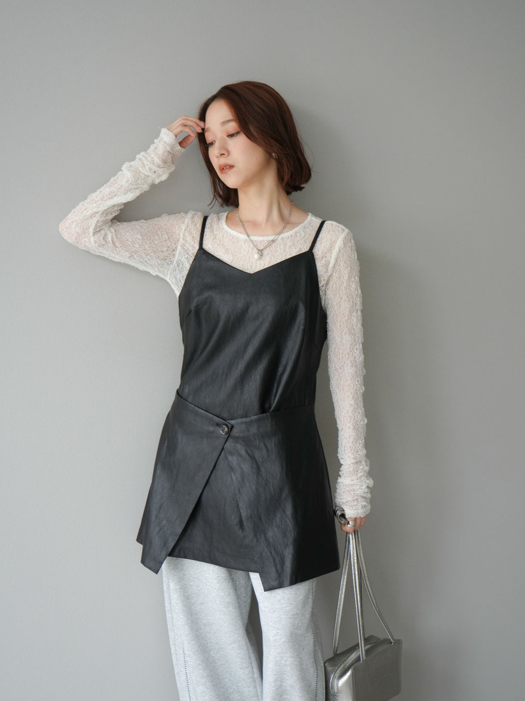 [予約]レイヤードレザーキャミソールチュニック/ブラック