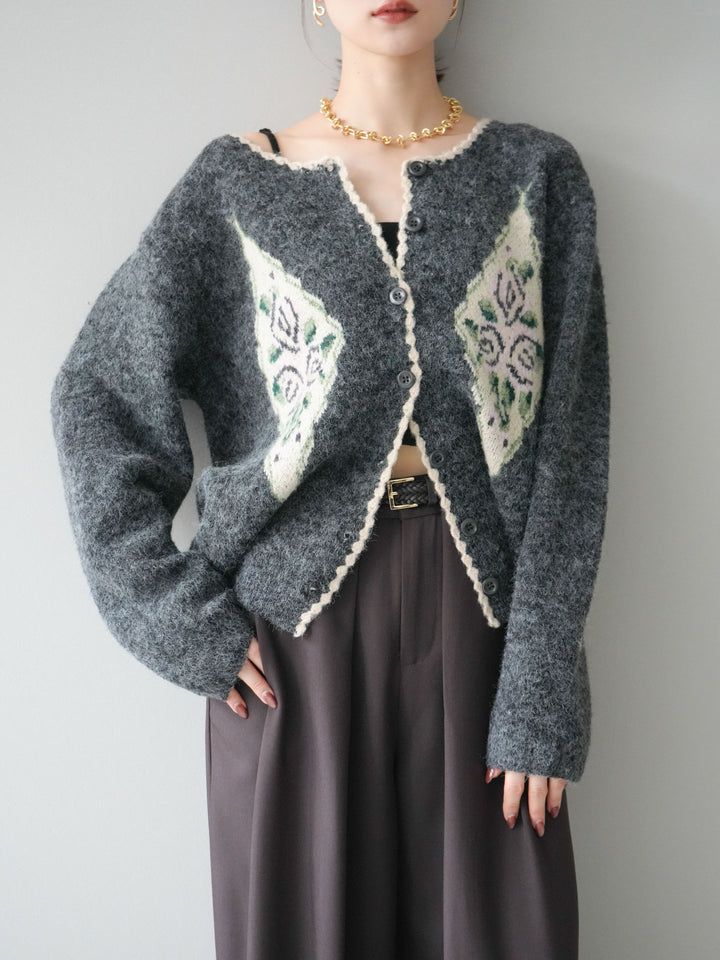 [予約]アンティークフラワージャガードニットカーディガン/charcoal