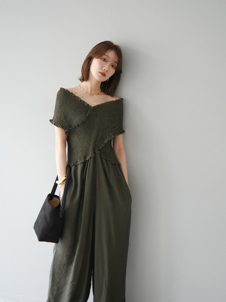 [予約]シャーリングクロスサロペット/カーキ