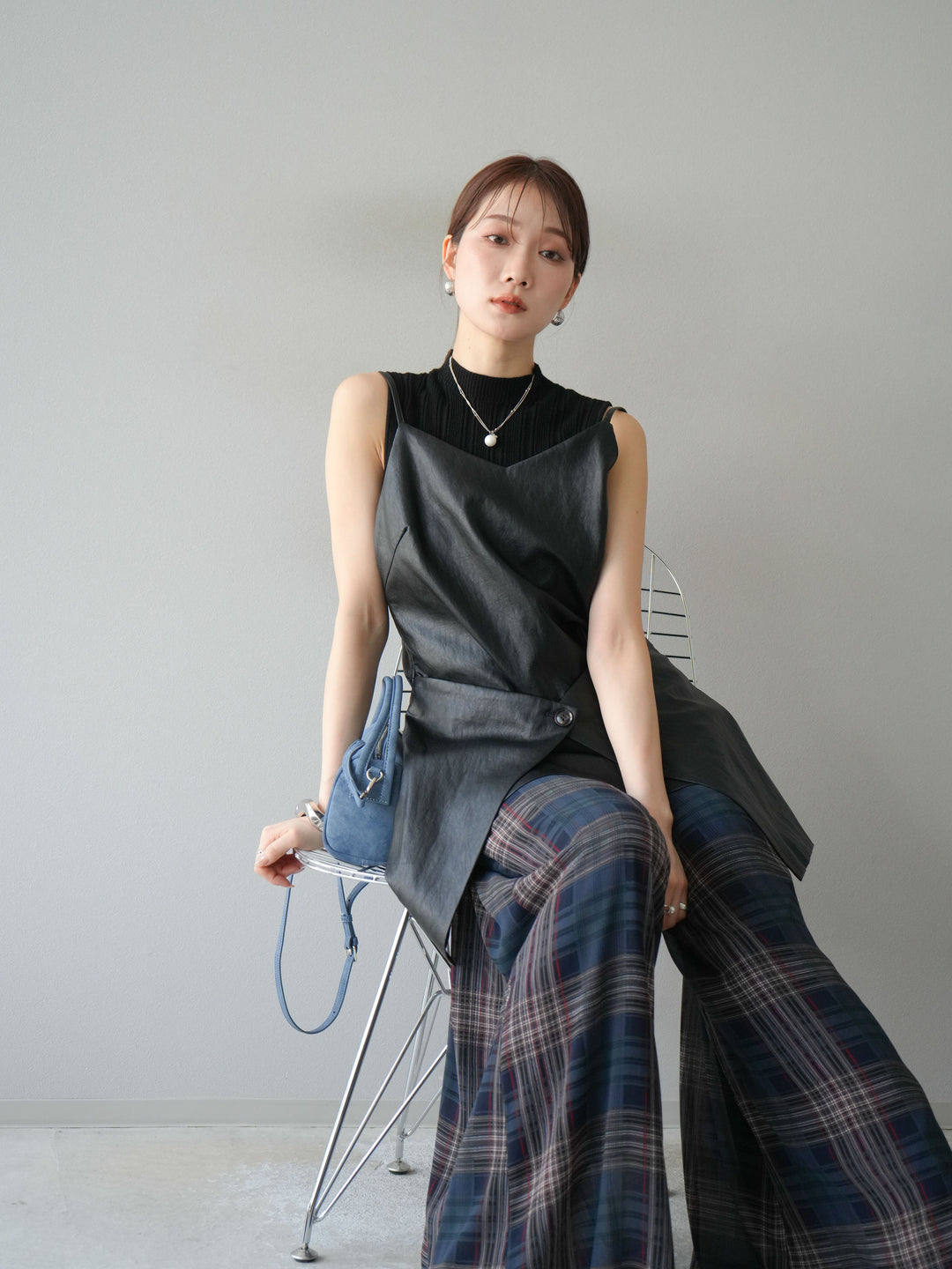 [予約]レイヤードレザーキャミソールチュニック/ブラック