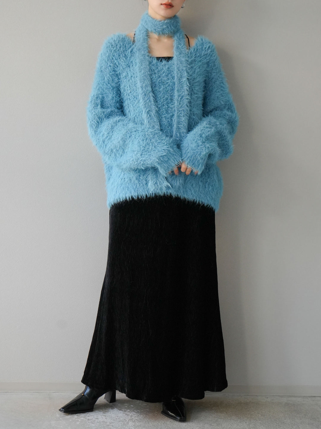 [預訂] 混紡毛絨針織披肩/藍色