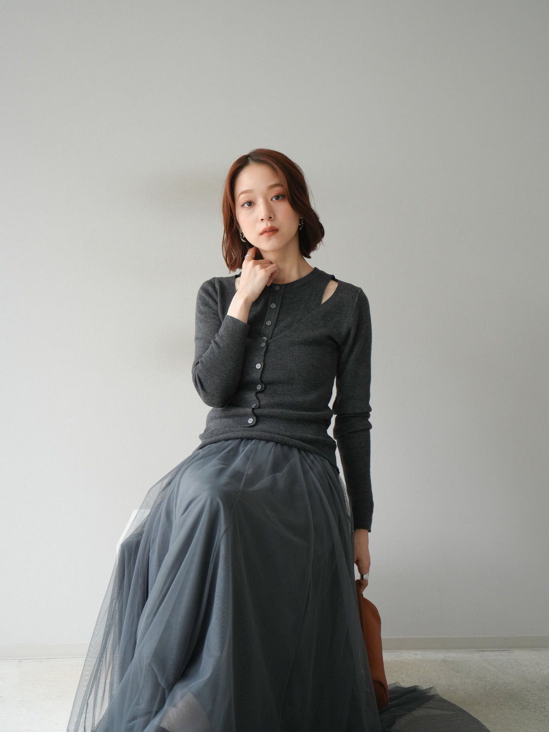 [予約]レイヤードデザインニットカーディガン/チャコール