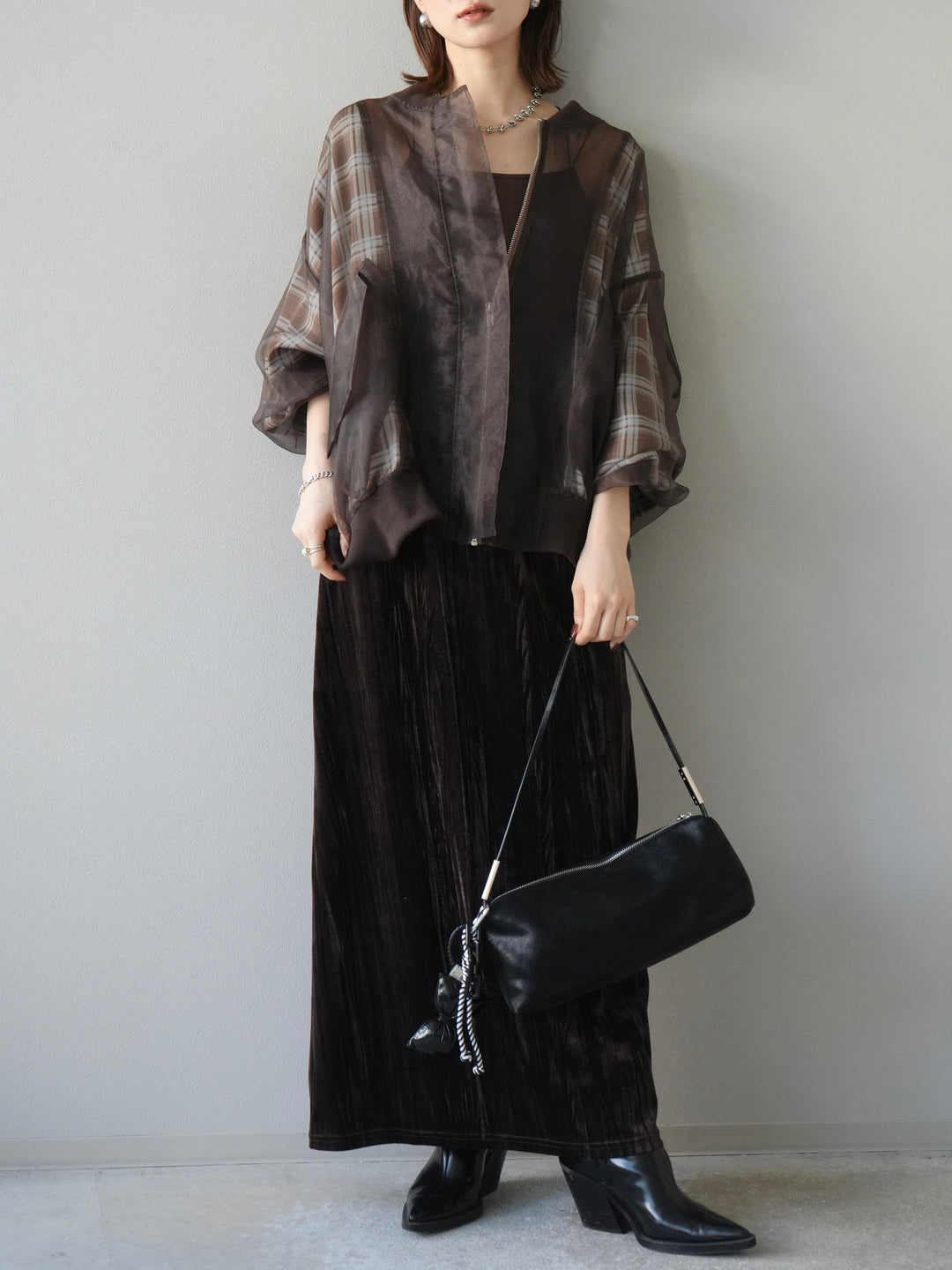 [SET]チェックチュールドッキングブルゾン+クラッシュベロアナロースカート(2set)