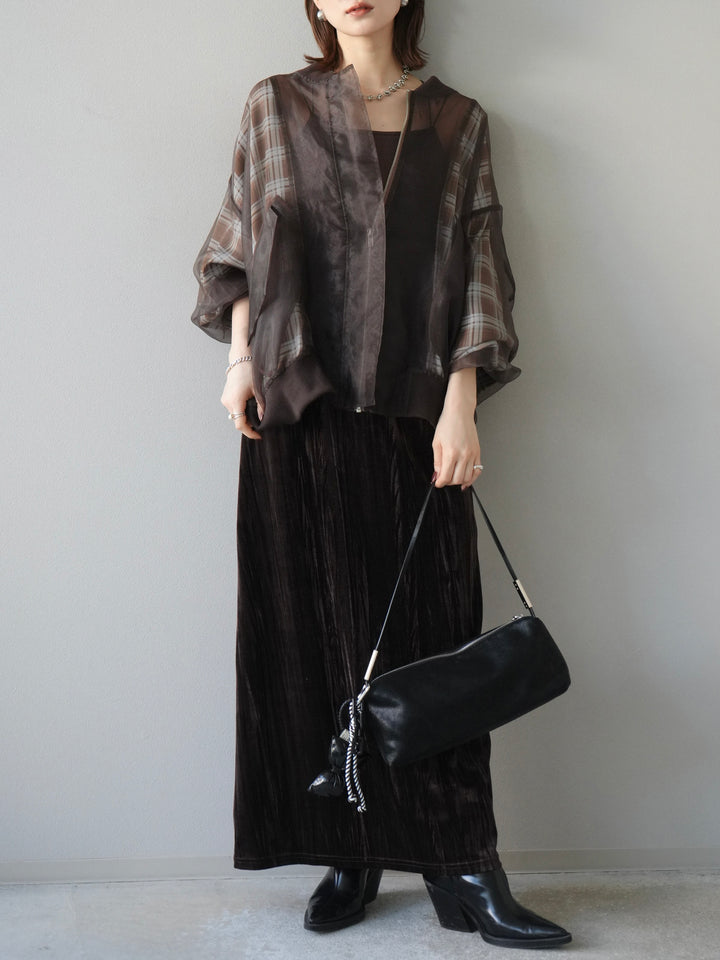 [SET]チェックチュールドッキングブルゾン+クラッシュベロアナロースカート(2set)