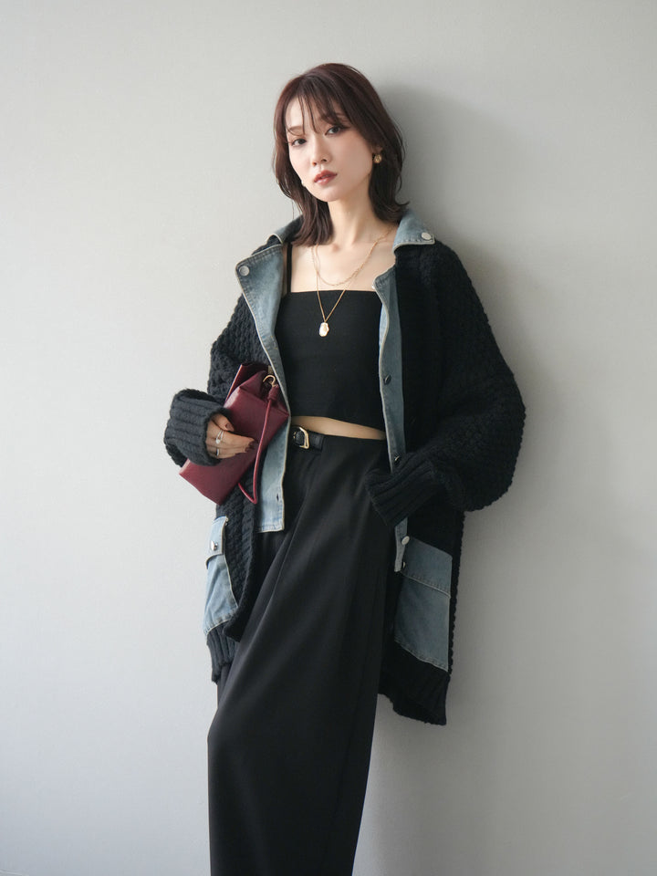 [SET]デニム襟レイヤードニットジャケット+ベルトループデザインワイドパンツ(2set)