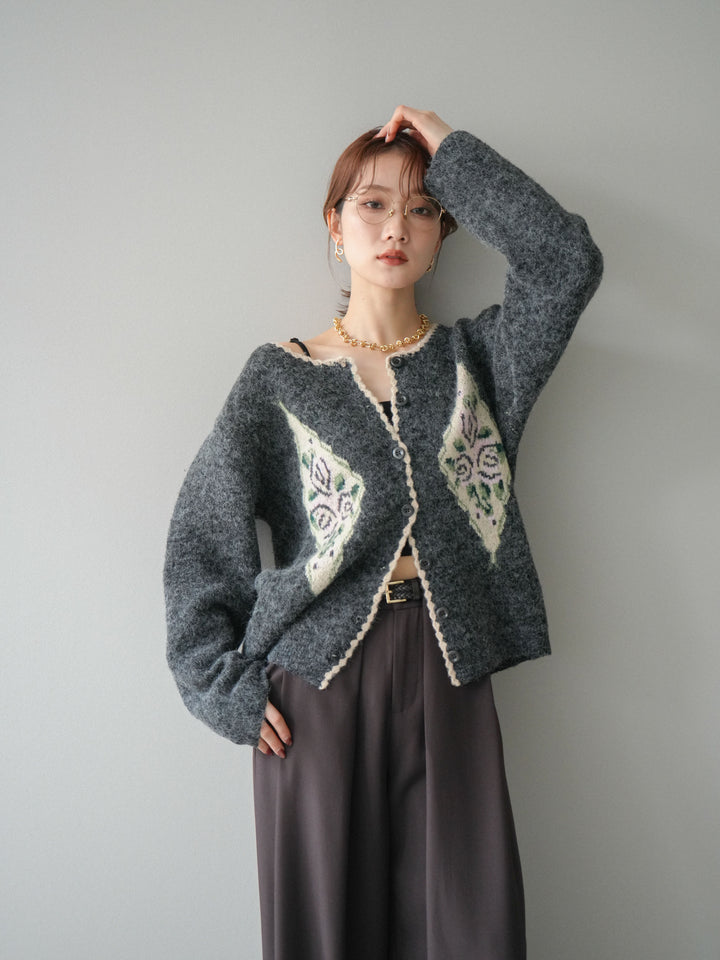 [予約]アンティークフラワージャガードニットカーディガン/charcoal