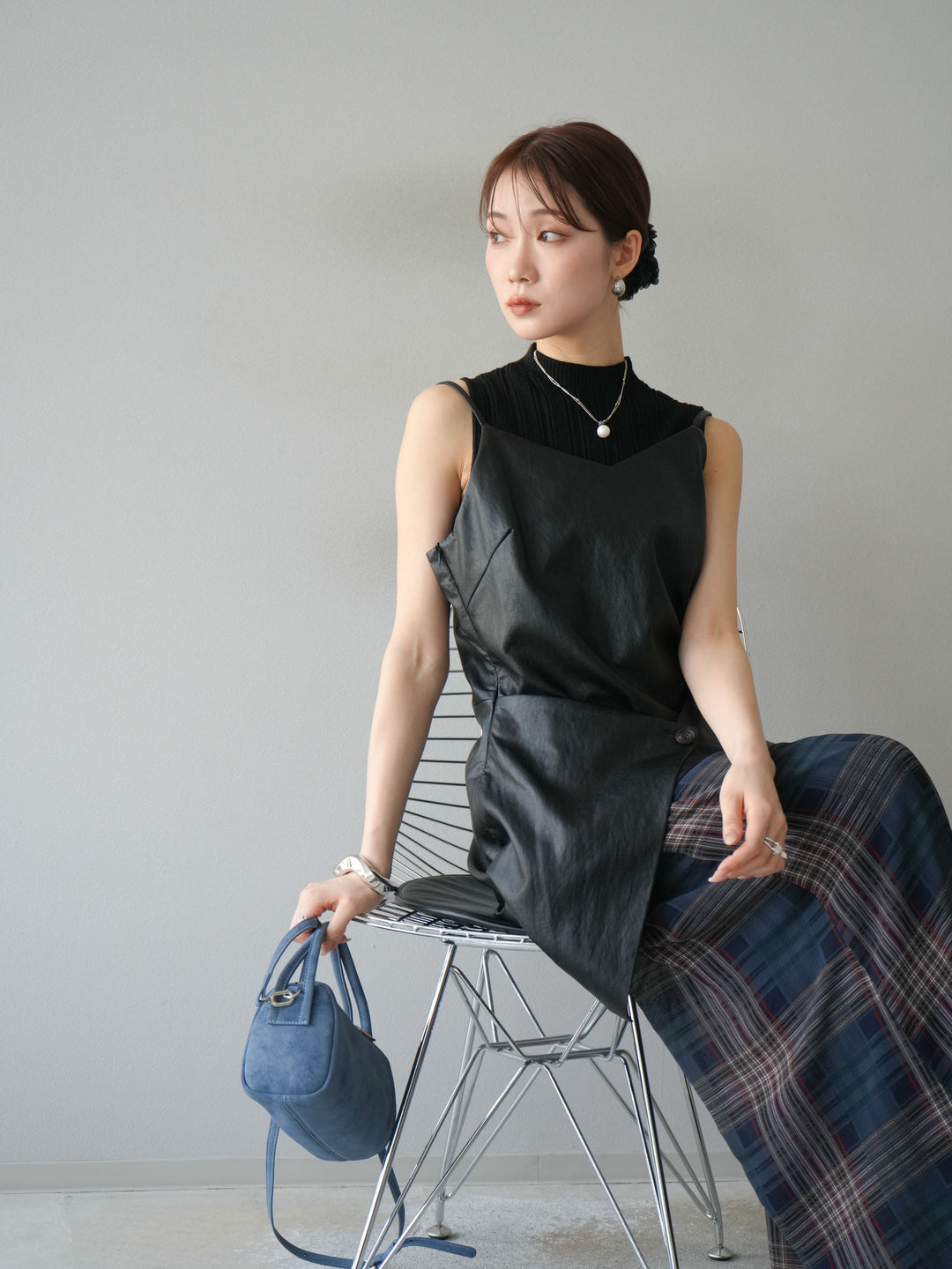 [予約]レイヤードレザーキャミソールチュニック/ブラック